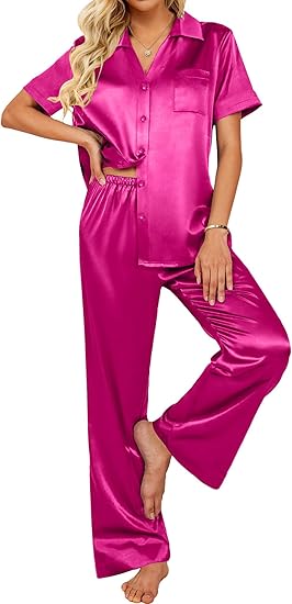 Ekouaer Silk Pajamas for Womens Set 2 Piece Satin Pjs Soft Button Down Sleepwear Wide Leg Long Pants with Pockets