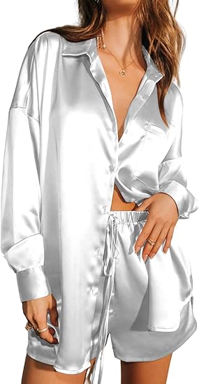 Ekouaer Womens 2 Piece Satin Pajama Set Long Sleeve PJs Sets Button Down Lounge Sets Soft Sleepwear Set
