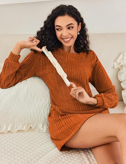 Ekouaer Women's Nightgown Long Sleeve Ribbed Knit Nightshirt Round Neck Sleep Shirt Soft Sweater Dress