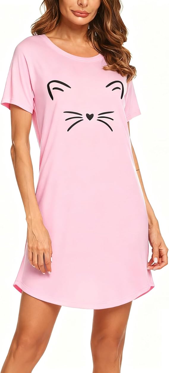 Ekouaer Womens Nightgown Short Sleeve Night Dress Printed Sleepwear Soft Sleep Shirt Black Sleep XL