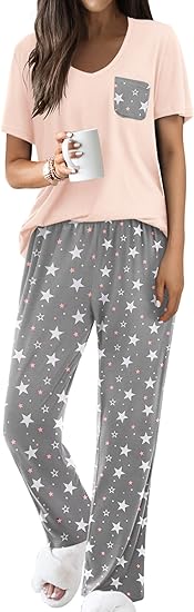 Ekouaer Pajama Sets for Women 2 Piece Short Sleeve Pj Sets With Long Printed Pants Sleepwear Casual Lounge Sets