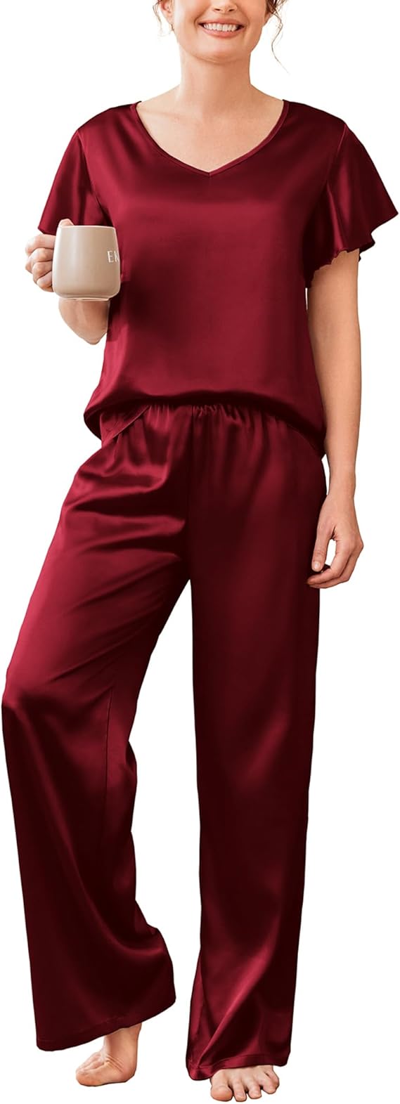 Ekouaer Women's Satin Silky Pajama Set 2 Piece Short Sleeve Shirt with Long Pants Pjs Sets Soft PJ Loungewear