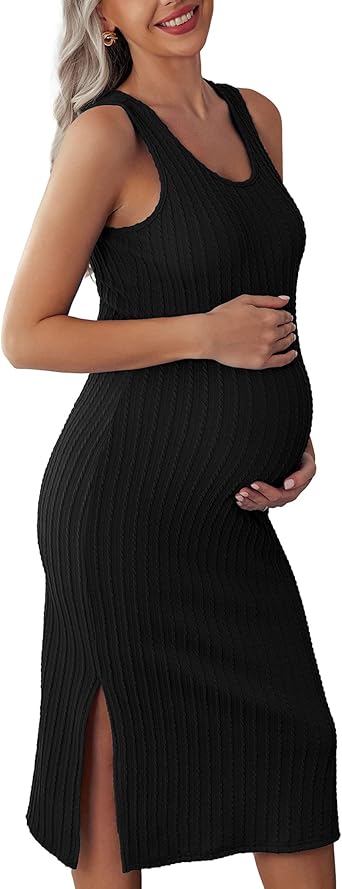 Ekouaer Women's Maternity Dress Rib Knit Sleeveless Tank Side Slit Bodycon Dresses Pregnancy Clothes