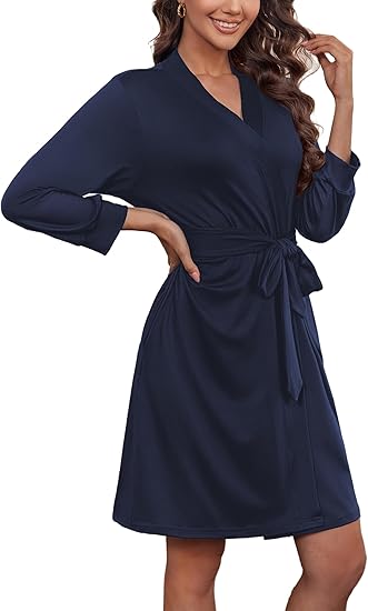 Ekouaer Women??s Robes Lightweight 3/4 Sleeve Short Knit Bathrobe Soft Knee Length Sleepwear Robes with Pockets