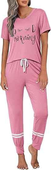 Ekouaer Womens Pajamas Set 2 Piece Lounge Pj Set Short Sleeve Sleepwear Tops with Joggers Pants Loungewear Print Nightwear