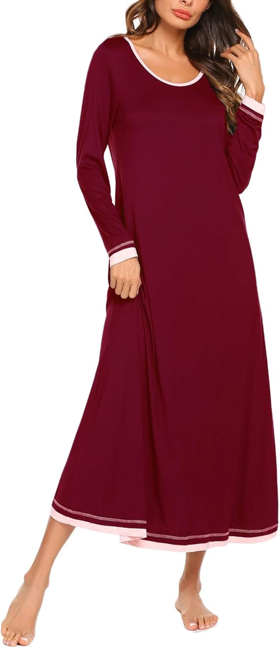 Ekouaer Nightgown Women Long Sleeve Sleepwear Full Length Long Nightshirt Soft Loungewear
