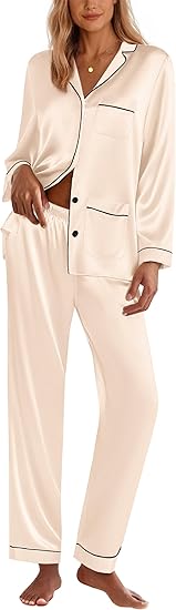 Ekouaer Silk Pajamas for Women Classic Button Down Satin Pajama Sets Long Sleeve Lounge Set