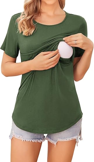 Ekouaer Women's Maternity Shirts Short Sleeves Nursing Tops 3 Pack Double Laye Breastfeeding Tees Pregnancy Clothes