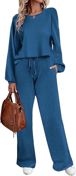 Ekouaer Knit Lounge Sets for Women 2 Piece Cozy Long Sleeve Pullover Sweater Top and Wide Leg Pants Set Pajamas Outfits