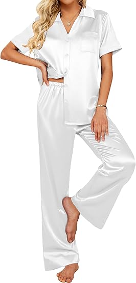 Ekouaer Silk Pajamas for Womens Set 2 Piece Satin Pjs Soft Button Down Sleepwear Wide Leg Long Pants with Pockets