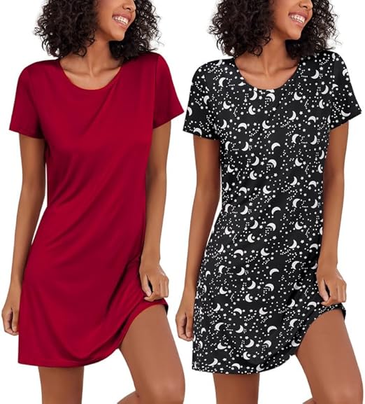 Ekouaer 2 Pack Nightgowns for Women Sleapwear Short Sleeve Night Shirts Soft Sleep Dress Classic Nightdress