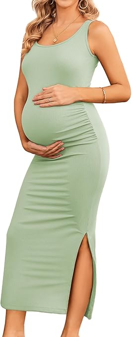 Ekouaer Women Tank Maternity Dress Sleeveless Ribbed Knit Pregnancy Dresses Round Neck Pregnant Loungewear