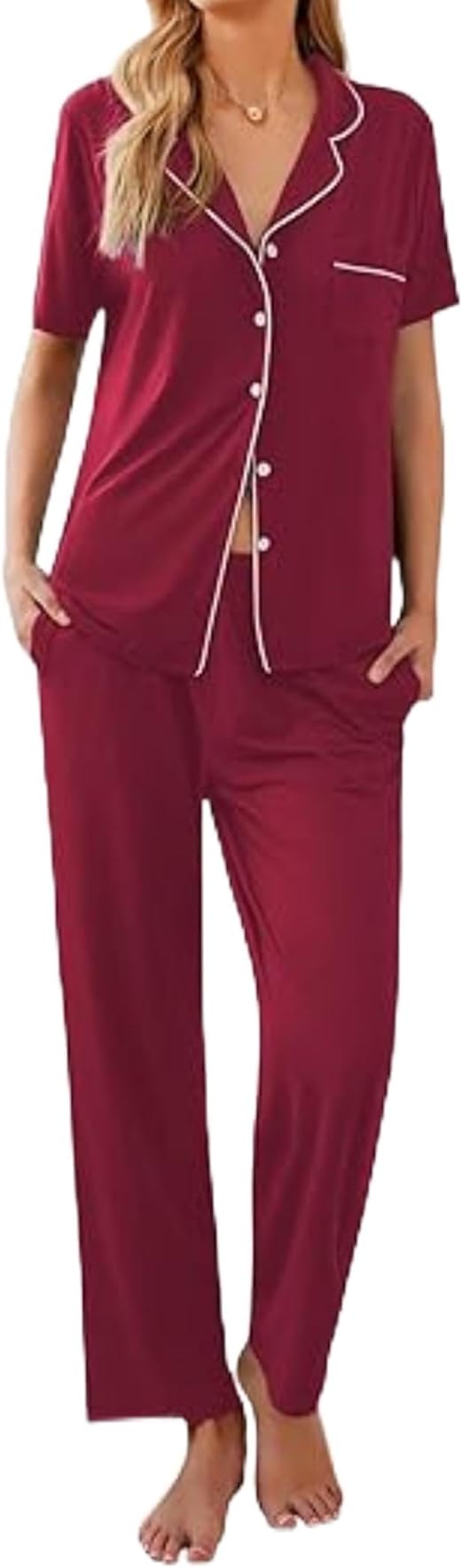Ekouaer Women Pajamas Set Button Down Sleepwear Short Sleeve Nightwear with Long Pants Soft Pjs Set