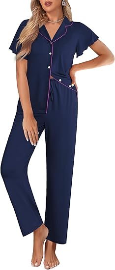 Ekouaer Pajamas for Women Set Button Up Sleepwear Cute Pjs Ruffle Sleeve Notch Collar Loungewear with Long Pants