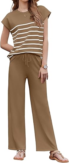Ekouaer Striped Lounge Set 2 Piece Sweater Matching Outfits Travel Knit Clothing Sets for Women