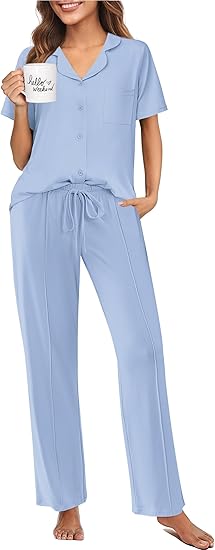 Ekouaer Pajamas for Women Set Button Up Sleepswear 2 Piece Short Sleeve PJ Top and Long Pants Loungwear With Pocket