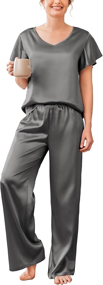 Ekouaer Women's Satin Silky Pajama Set 2 Piece Short Sleeve Shirt with Long Pants Pjs Sets Soft PJ Loungewear