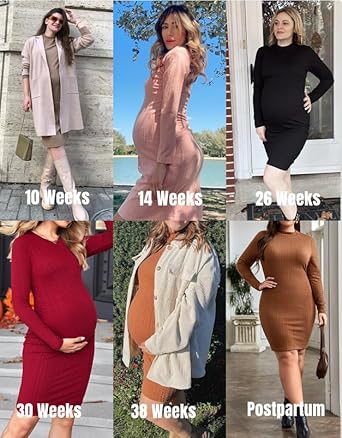 Ekouaer Maternity Dress Mock Turtleneck Pregnancy Dress Rib Knit Stretchy Bodycon Baby Shower Dress