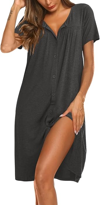 Ekouaer Women's O-Neck Nightgown Short Sleeve Button Down Soft Sleepwear Loose Fit Nightshirt