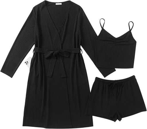 Ekouaer Rib Knit Pajamas Set for Women 3 Piece Lounge Sets Soft Cami and Shorts Pjs with Cardigan Loungewear