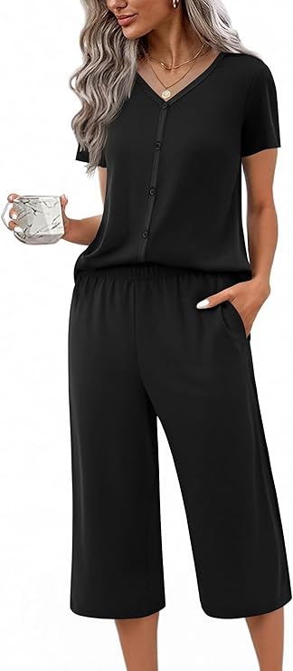 Ekouaer Women's Pajama Sets Short Sleeve Sleepwear Button Up Pj Loungewear Top and Capri Pants with Pockets