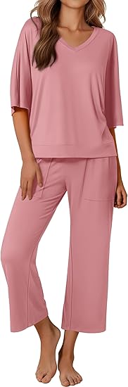 Ekouaer Lounge Sets for Women Comfy Pajamas Set 2 Piece Outfits Short Sleeve Tops and Wide Leg Pants with Large Pockets