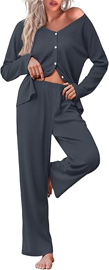 Ekouaer Womens Waffle Knit Pajamas Loungewear Two-piece Sleepwear Button-Down Pj Set with Pockets