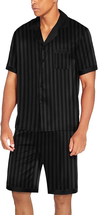 Ekouaer Men Satin Silk Pajamas Set with Pockets Sleepwear Shorts Satin Summer Loungewear 2 Piece Button Down Set