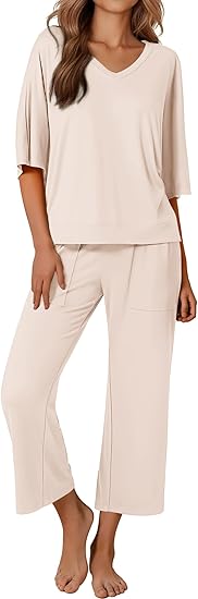 Ekouaer Lounge Sets for Women Comfy Pajamas Set 2 Piece Outfits Short Sleeve Tops and Wide Leg Pants with Large Pockets