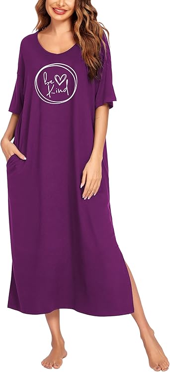 Ekouaer Long Nightgown for Women Short Sleeve Sleepwear Plus Size Loungewear with Pockets