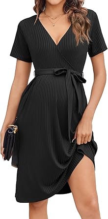 Ekouaer Women Short Sleeve Maternity Nursing Dress Casual V Neck Breastfeeding Loungewear Ribbed Knit Pregnancy Dresses