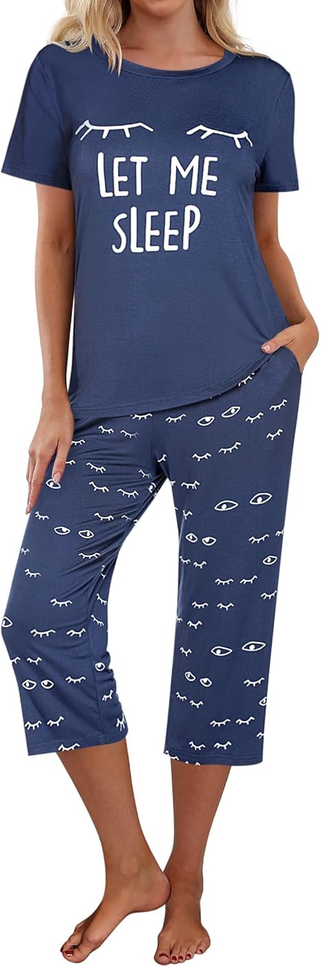 Ekouaer Pajamas for Women Set Short Sleeve Sleepwear Tops with Capri Pants Prints Funny Two Piece Pj Set
