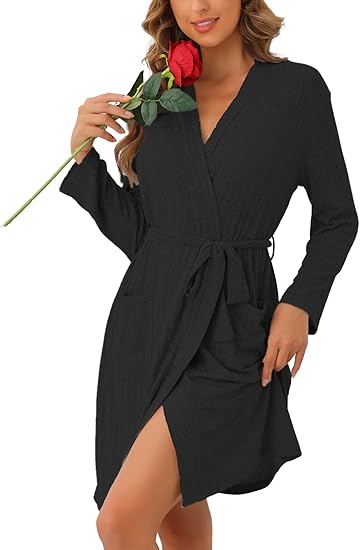Ekouaer Women Robe Ribbed Knit Soft Bathrobe Knee Length Robes Stretchy Short Sleepwear with Pockets