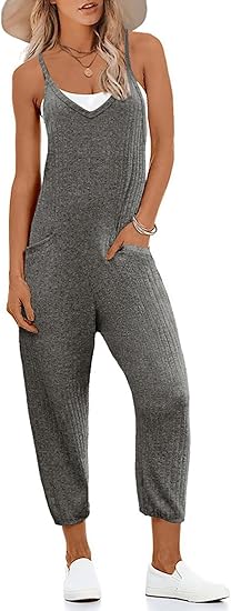 Ekouaer Jumpsuits for Women Sleeveless Spaghetti Strap Ribbed Overall Jumpsuit V Neck Summer Romper with Pockets
