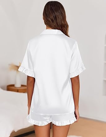Ekouaer Womens Satin Pajamas Set Button Down Silk 2 Piece Pj Sets Ruffled Short Sleeve Sleepwear
