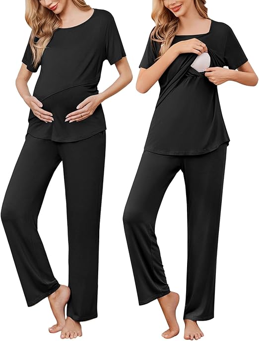 Ekouaer Women's Pajamas Short Sleeve Lace V Neck Sleepwear Top Capri Pants Pjs Sets Soft Loungewear