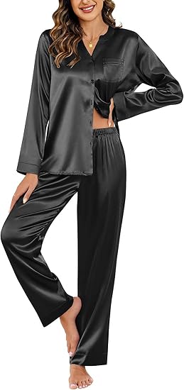 Ekouaer Silk Pajamas For Women 2 Piece Set Satin Pjs Long Sleeve Button Up Sleepwear Comfy Lounge sets