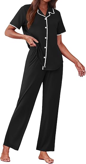 Ekouaer Women's Pajama Sets Button Down Loungewear Short Sleeve Sleepwear 2 Piece Pants Pjs Set with Pockets