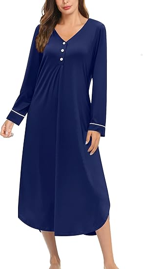 Ekouaer Nightgowns for Women Long Sleeve Nightgown Long Sleepwear Button Down Sleep Shirt Soft Night Gown