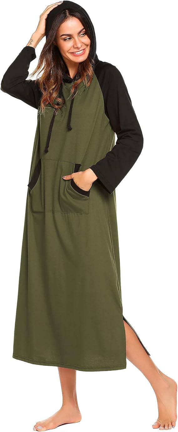 Ekouaer Nightgowns for Women Cotton Nightgown Long Sleeve Hooded Night Gown Contrast Color Full Length Loungewear with Pocket