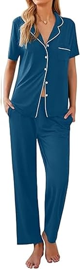 Ekouaer Women Pajamas Set Button Down Sleepwear Short Sleeve Nightwear with Long Pants Soft Pjs Set