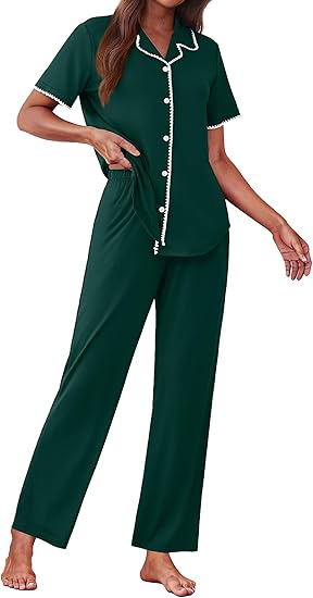 Ekouaer Women's Pajama Sets Button Down Loungewear Short Sleeve Sleepwear 2 Piece Pants Pjs Set with Pockets