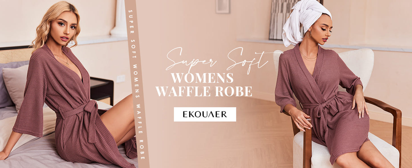 Ekouaer Robes for Women Waffle Knit Bathrobe Soft Lightweight Knee Length Loungewear