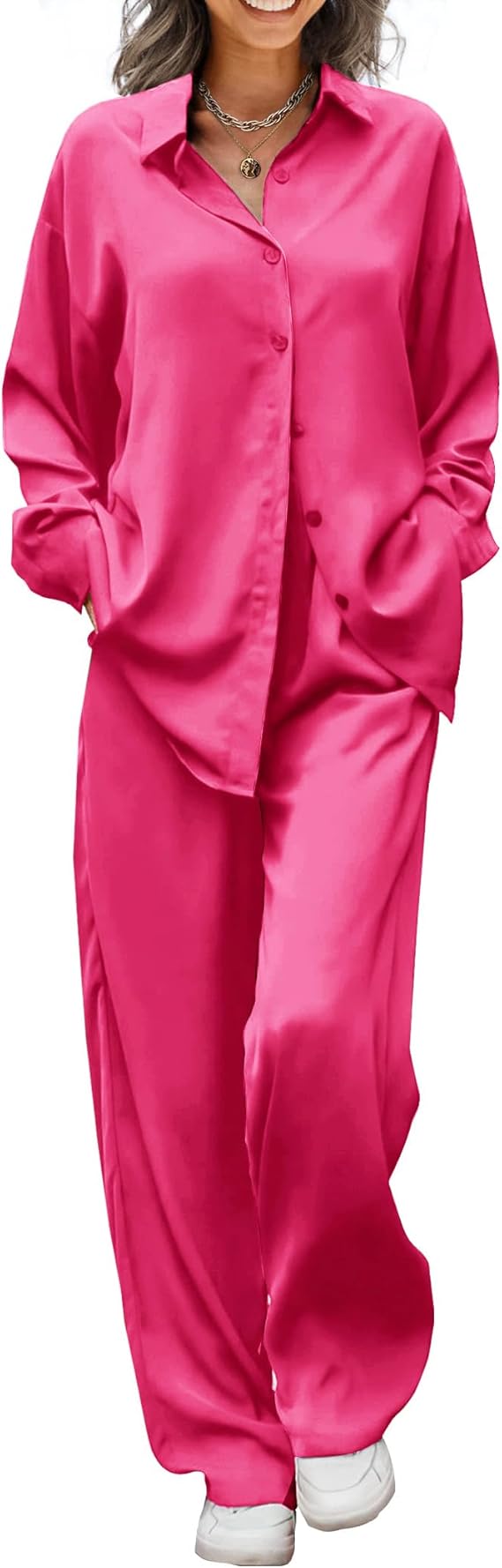 Ekouaer Womens Satin Silky Pajama Set 2 Piece Print PJs Soft Loungewear Button Down Sleepwear with Elastic Waist Long Pants