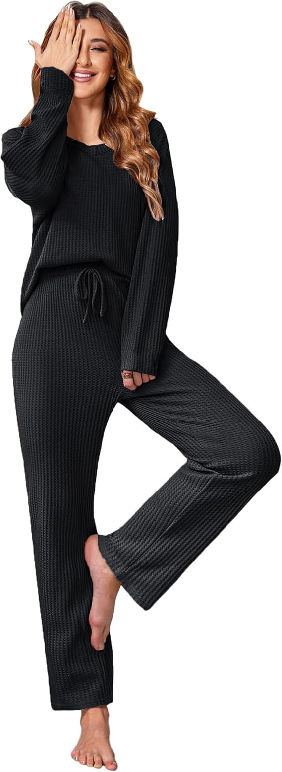 Ekouaer Women's Waffle Knit Pajama Sets Comfy Long Sleeve Lounge Sets 2 Piece Matching Pj Sets with Pockets