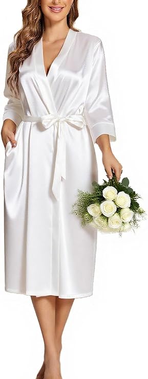 Ekouaer Silk Robes for Women Long Satin Bride Bridesmaid Wedding Party Robes Lightweight Sexy Sleepwear with Pockets