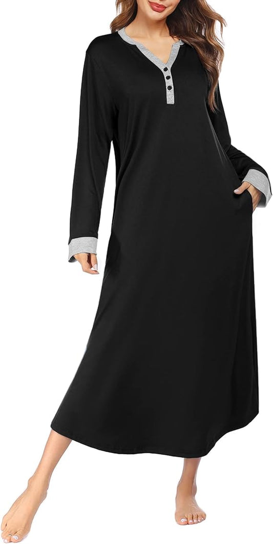Ekouaer Womens Nightgown Long Loungewear V Neck Nightshirt Sleepwear Full Length Sleepshirt with Pockets