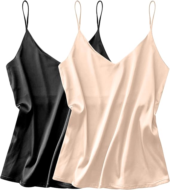 Ekouaer Women's 2 Pcs Satin Camisole Silky Pajama Tank Tops V Neck Soft Spaghetti Strap Loose Basic Sleepwear
