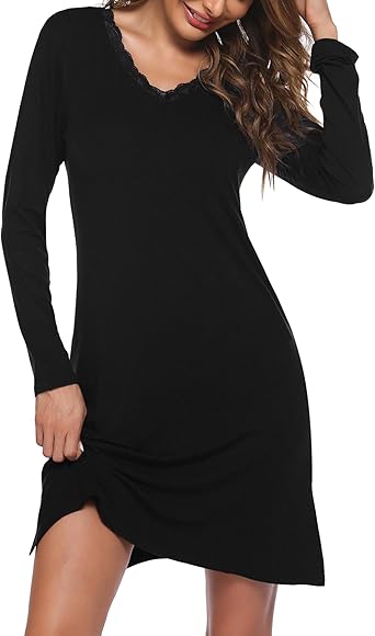 Ekouaer Long Sleeve Nightgowns for Women Sexy Lace Night Shirt V Neck Sleep Shirt Soft Sleepwear