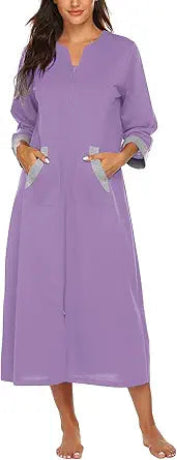 Ekouaer Women Zipper Robe 3/4 Sleeves Loungewear Dress Full Length Sleepwear Pockets Housecoat Nightgown Long Bathrobe